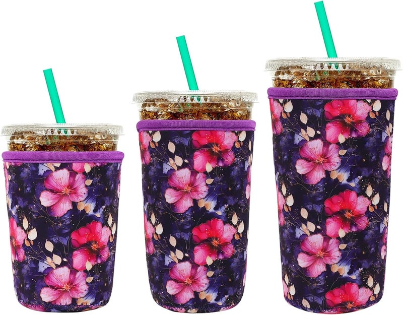 YR Reusable Neoprene Insulator Sleeve for Iced Coffee Cups, 3 Pack Coffee Coolies sleeves for Iced & Hot Drinks, Cold Beverage Cooler Compatible with Starbucks Coffee and More (Fuchsia Floral) - Image 1